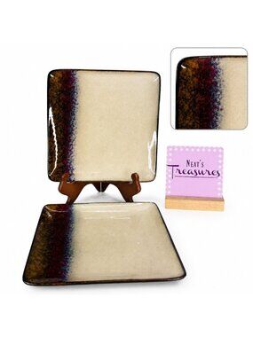 Broyhill Red Gold Cream Stripe Square Stoneware Lunch Salad 8 7/8" Plates Set 2